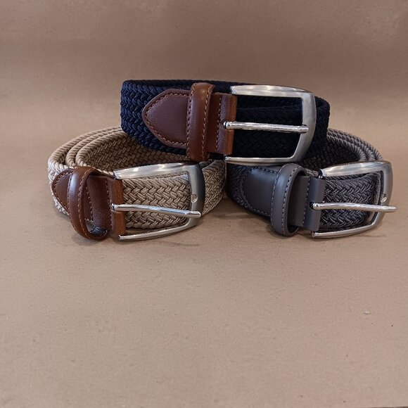 Set of 3 Braided Elastic Stretch Belts, Size Medium, Navy, Tan and Grey - Picture 1 of 10